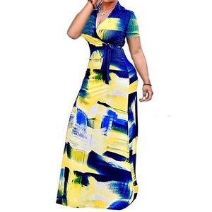 NWT Locryz Women's V Neck 3/4 Sleeve African Floral Printed Maxi Dress w/Belt